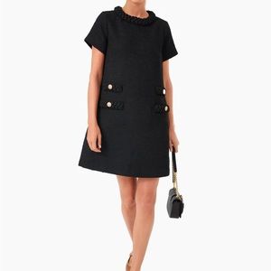 Black tweed dress with gold crest buttons